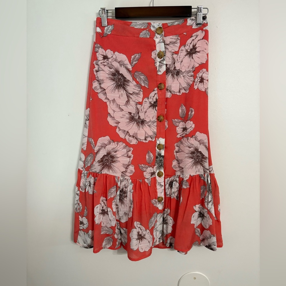 mlle Gabrielle floral A-line Midi Skirt Coral & white Size Small New with tags